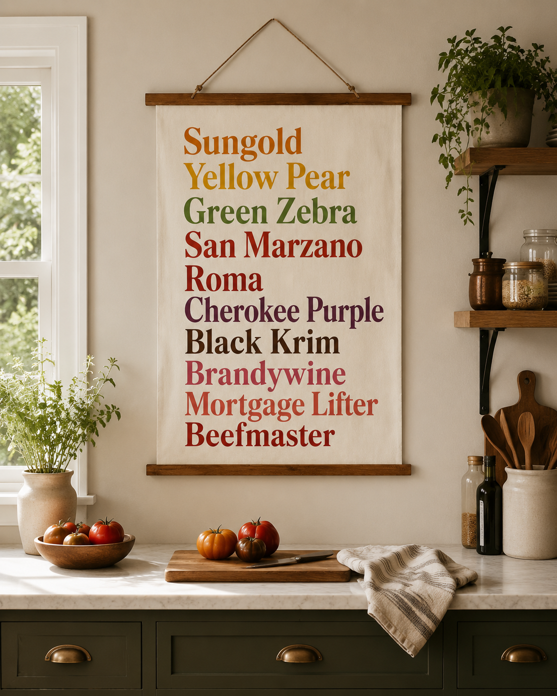 NEW Heirloom Tomato Varieties Wall Tapestry Wood Topped Wall Tapestry | Farmhouse Kitchen Decor