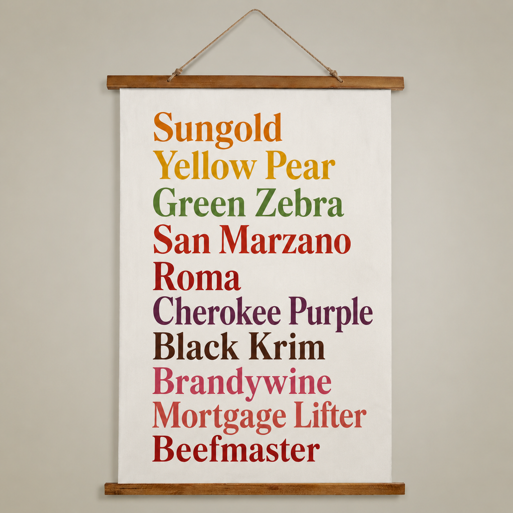 NEW Heirloom Tomato Varieties Wall Tapestry Wood Topped Wall Tapestry | Farmhouse Kitchen Decor