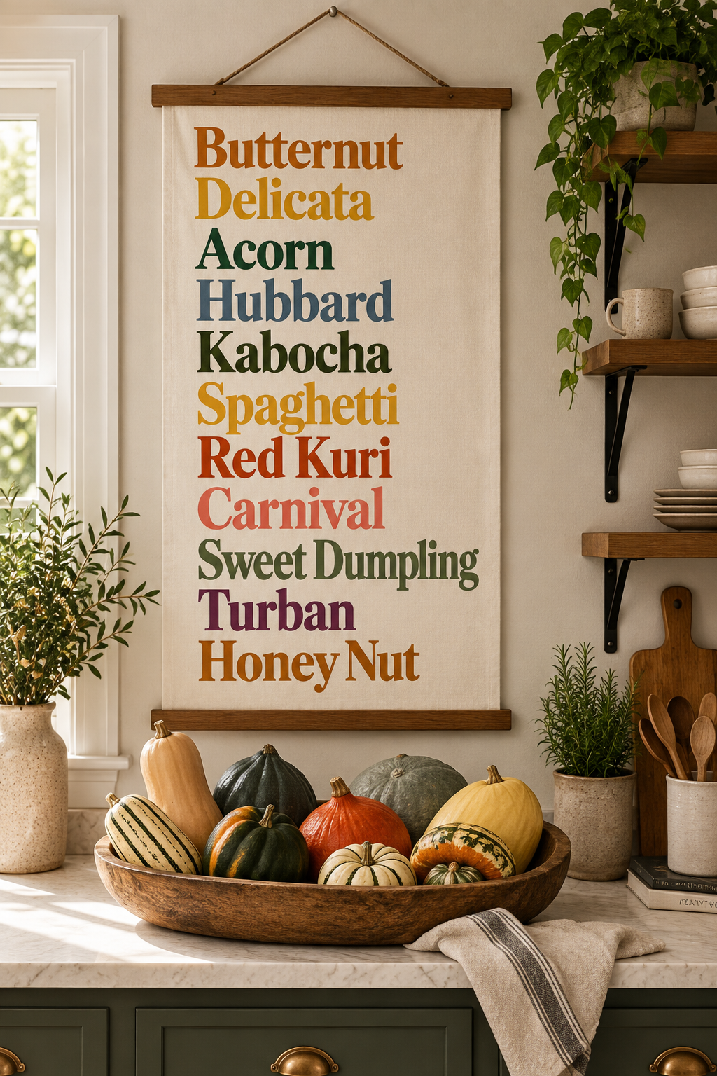 Seasonal Squash Tapestry — Colorful Heirloom Wall Art Print